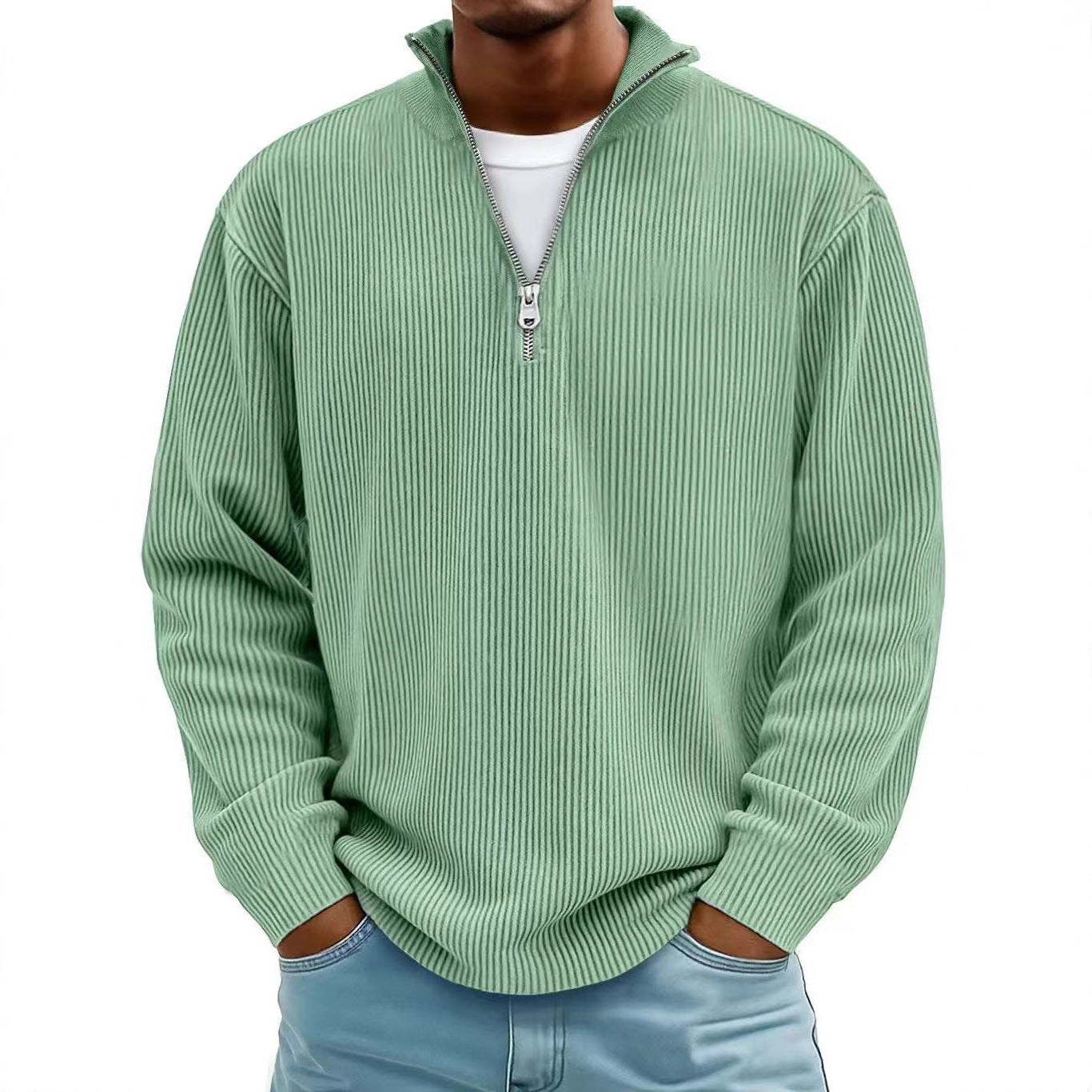 Pull Homme Col Montant Zippé Velours Côtelé Manches Longues - SADJÉ